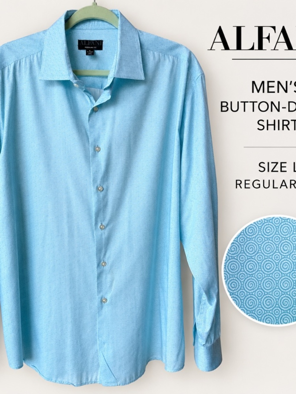 Alfani Men’s Light Blue Swirl Print Button Down Shirt Size L